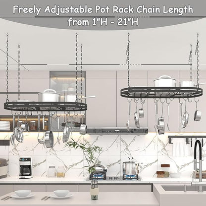 33” Hanging Pot Rack Ceiling Mount, Black Metal Pan Rack Hanging with 15 Hooks, Oval Pots and Pans Hanging Rack, Ceiling Hanging Pot Racks with Grid, Pan and Pot hangers for Kitchen Cookware Utensils