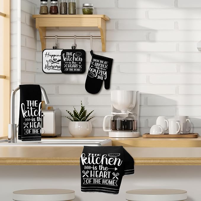 Sratte 6 Pcs Kitchen Decor Accessories Set Farmhouse Towels Pot Holders Oven Mitts Set 2 Dish Towels 2 Potholders 2 Cooking Mittens Oven Glove for Christmas Baking Cooking Supply(White,Kitchen) - Image 6