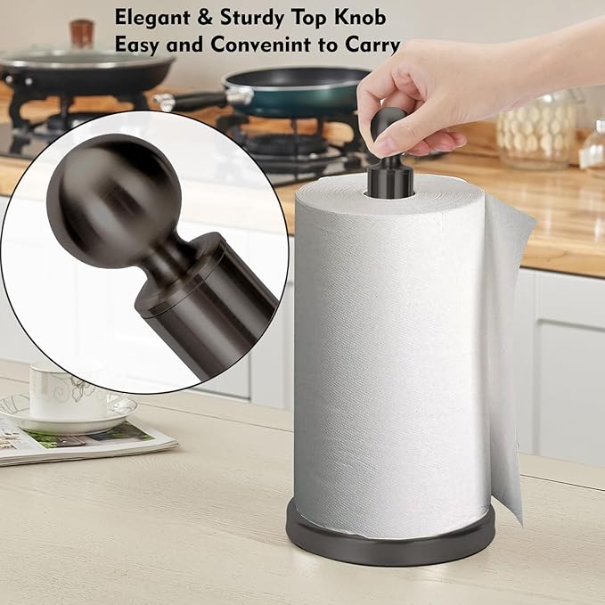 Kalitro Paper Towel Holder Countertop, Standing Paper Towel Roll Holder for Kitchen Bathroom, with Weighted Base for One-Handed Operation, No Wobbly (Stainless Steel Base, Black) - Image 3