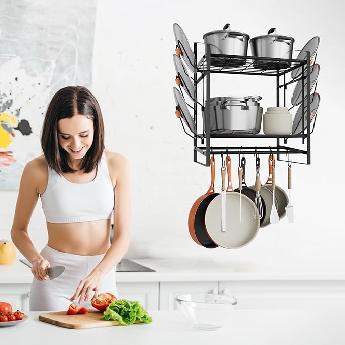 VyGrow 17 Inch Pot Rack Wall Mounted, 2 Tier Pots and Pans Organizer with 10 Hooks and 6 Pot Lid Holders, Heavy Duty Steel Pot and Pan Hanger for Kitchen Cookware Utensils Storage 24" Lx13 Wx20.5 H - Image 6