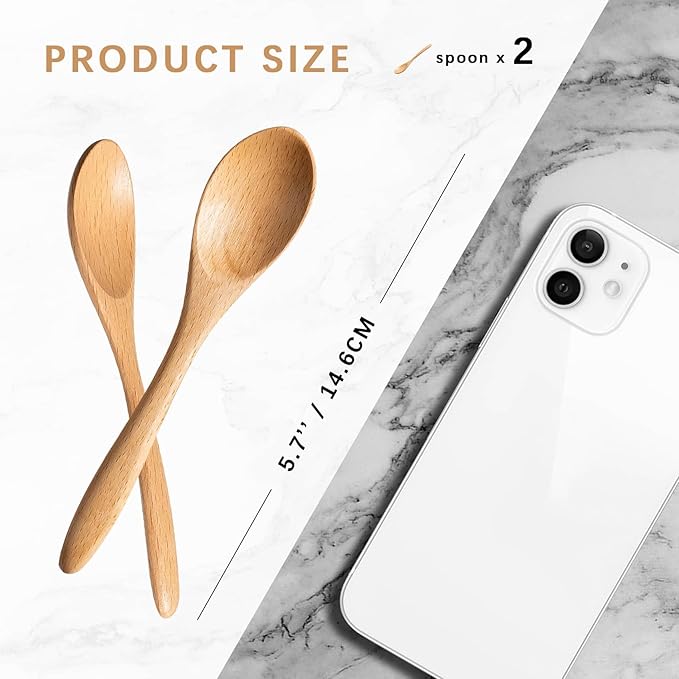 2 PCS Small Wooden Spoons, 5.8 Inch Honey Spoons for Tea, Beech Wooden Honey Teaspoon for Coffee, Little Tiny Wood Spoons, Bamboo Table Spoon for stirring, Wooden Spoons for Utensils Set - Image 2