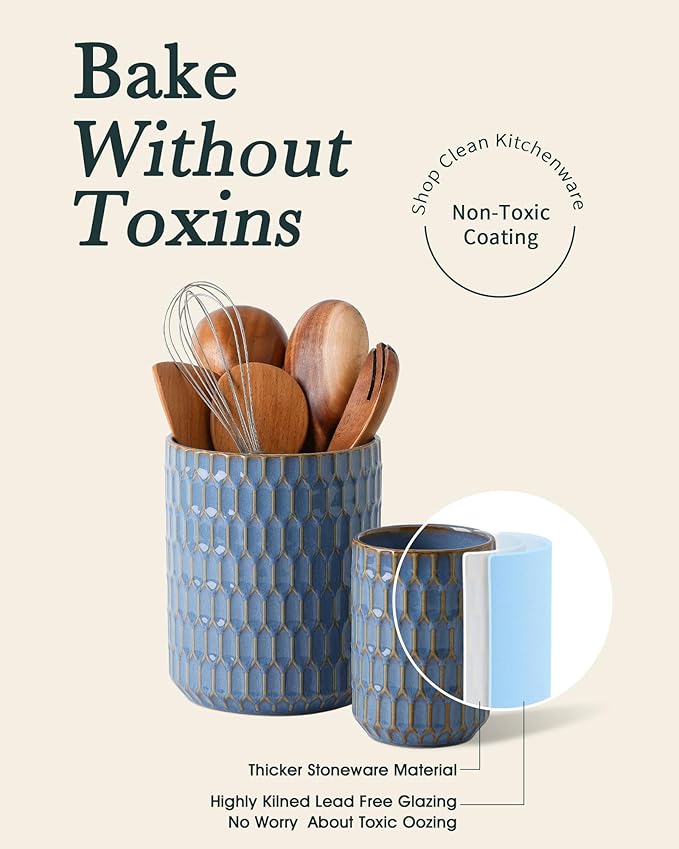 Utensil Holder, 7.5"+5.3" Ceramic Kitchen Utensil Holder for Countertop, Large Cooking Utensil Crock for Kitchen Counter, Set of 2, Blue - Image 7