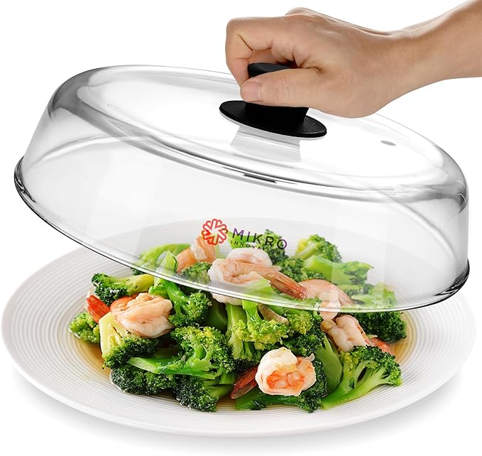 Mikro Innovations 10.5-Inch Glass Microwave Splatter Cover – Borosilicate Glass Food Plate Splatter Guard with Vent Hole, BPA-Free, Easy-Grip Silicone Knob, Dishwasher Safe (1, Black, 10.5in) by MikroInnovations