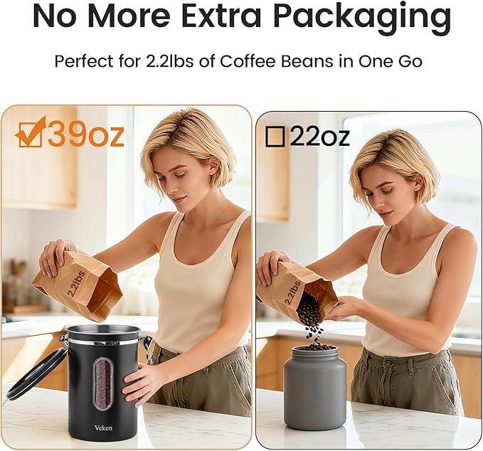 Veken Large Coffee Canister with Window, Kitchen Food Storage Airtight Stainless Steel Container for 2.2lbs Coffee Beans, Grounds, Rice,Tea, Flour, Cereal, Sugar Jars,Date Tracker and Scoop 39oz,Black - Image 3