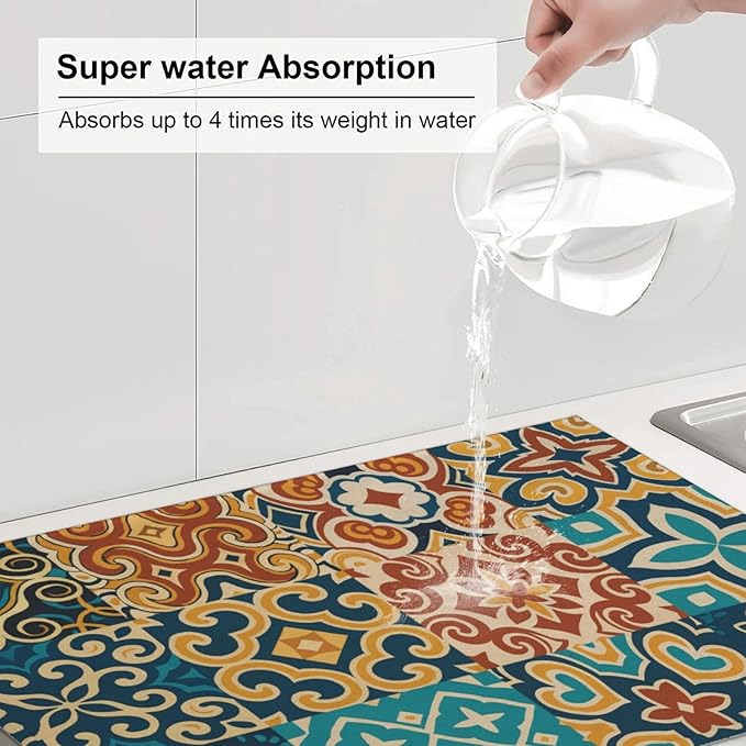 Talavera Mexican Tiles Dish Drying Mats for Kitchen Counter, Large 18"x24" Dish Mats for Drying Dishes, Microfiber Absorbent Dish Drying Pad Rack Mat Kitchen Decor Reusable Washable