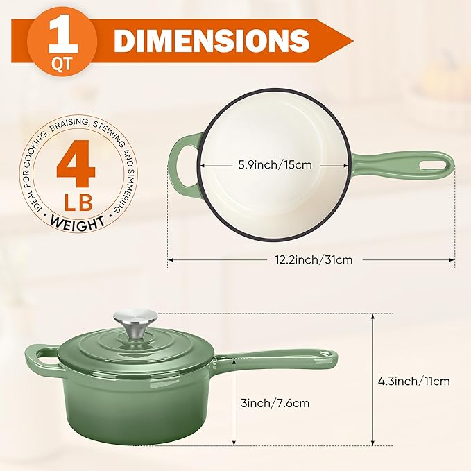 Homikit 1 Quart Saucepan with Lid, Enameled Cast Iron Small Sauce Pan Cooking Pot for Soup, Milk, Pasta, Nonstick Enamel Dutch Oven for All Cooktops, Heat Resistant Up to 500°F, Sage Green