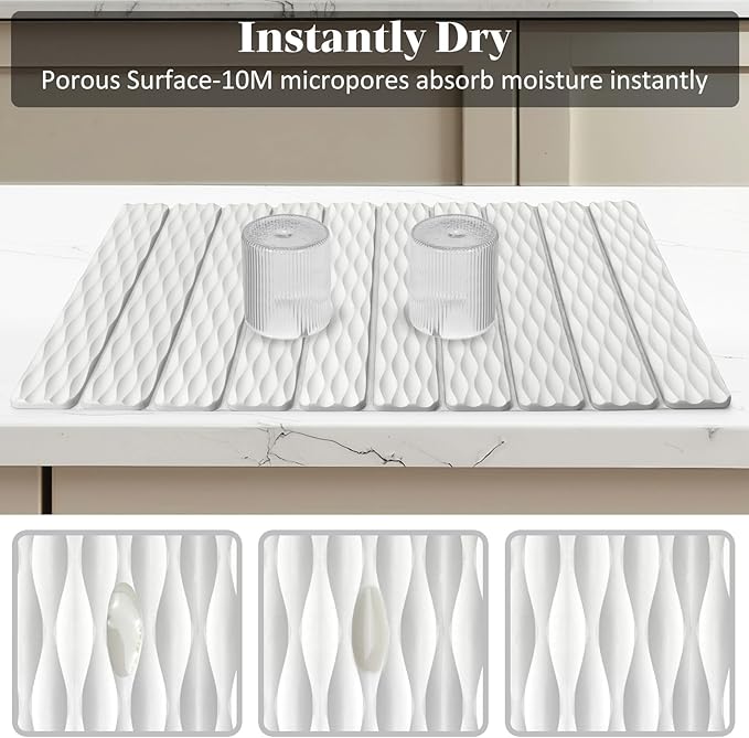 Stone Dish Drying Mats for Kitchen Counter, 24"(L)×16"(W) Wave - Pattern, Fast Drying Collapsible Dish Drying Mat, Eco-Friendly Absorbent Diatomaceous Earth Mats for Match Any Countertop - Image 4