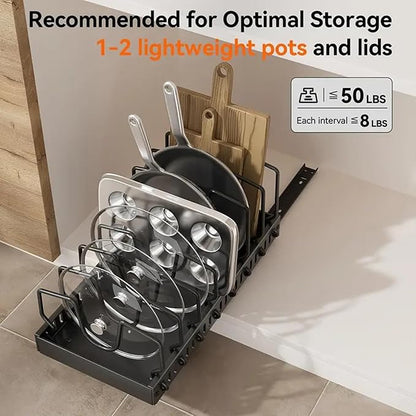 AmoiChic 2 Pack Pull Out Cabinet Organizer for Pots and Pans, Black Storage Rack with 8 Adjustable Dividers, Kitchen Cabinet Organizer for Pot Lids, Bakeware, Dishes Storage - Image 4