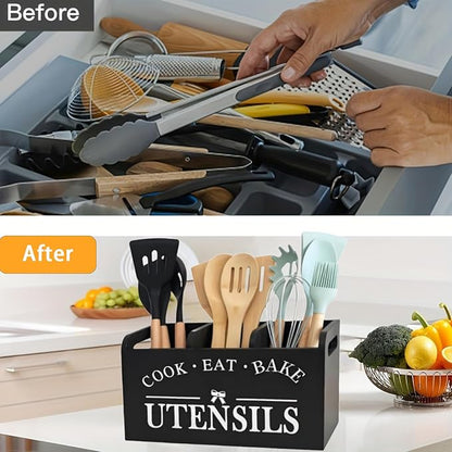 Utensil Holder,Wooden Utensil Holder for Kitchen Counter, Cooking Utensil Organizer with 3 Compartments,Utensil Crock for Silverware Spoon Spatula - Image 6