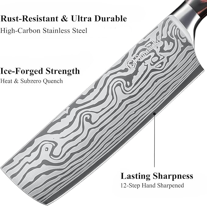 Sunnecko Japanese Nakiri Knife 7 Inch - Carbon Steel Chef Knife Vegetable Cleaver with Sheath, Kitchen Gift for Home Cooks, Professional Kitchen Knife Gift Box - Image 5