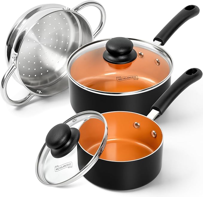 MICHELANGELO Nonstick Sauce Pan with Lid, 1QT & 2QT Ceramic Saucepan Set with Steamer, Small Copper Saucepans Set, Multipurpose Sauce Pots for Cooking, PFAS-FREE, Dishwasher Safe by Michelangelo