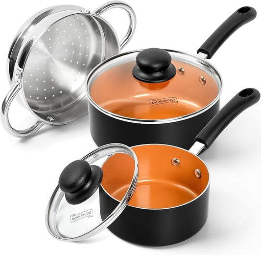 MICHELANGELO Nonstick Sauce Pan with Lid, 1QT & 2QT Ceramic Saucepan Set with Steamer, Small Copper Saucepans Set, Multipurpose Sauce Pots for Cooking, PFAS-FREE, Dishwasher Safe by Michelangelo