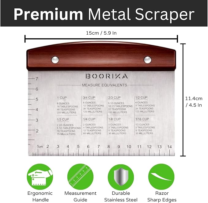 BOORIKA Dough Scraper & Bench Scraper Kitchen – Stainless Steel Sourdough Tools – Dough Cutter for Sourdough Bread, Pizza, and Flat Top Griddles – Chef Approved (Dark) - Image 2