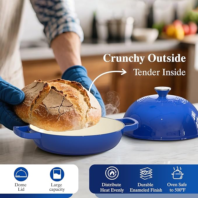 Enamelled Cast Iron Dutch Oven Pot – Dutch Oven Pot with Lid For Sourdough Bread Baking – Cast Iron Bread Oven – Dark Blue, Umite Chef 6QT Pot with Lid & Cotton Potholders - Image 4