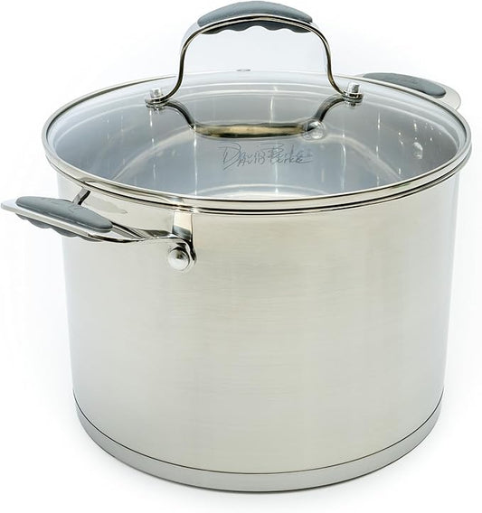 David Burke Stature Stainless Steel 8-Quart Stock Pot with Glass Lid – Side handles, Oven Safe up to 400°F, For Soup, Pasta, Stew - Brushed Gray