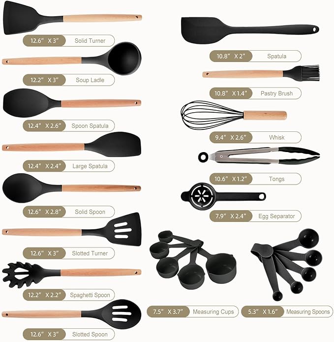Kitchen Utensils Set - 34 PCS Non-Stick Silicone Cooking Utensils Set Spatula Set with Holder, Wooden Handle Spoon,Brush,Whisk Kitchen Gadgets Tools Set for Nonstick Cookware (Black-34P) - Image 6