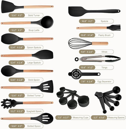 Kitchen Utensils Set - 34 PCS Non-Stick Silicone Cooking Utensils Set Spatula Set with Holder, Wooden Handle Spoon,Brush,Whisk Kitchen Gadgets Tools Set for Nonstick Cookware (Black-34P) - Image 6