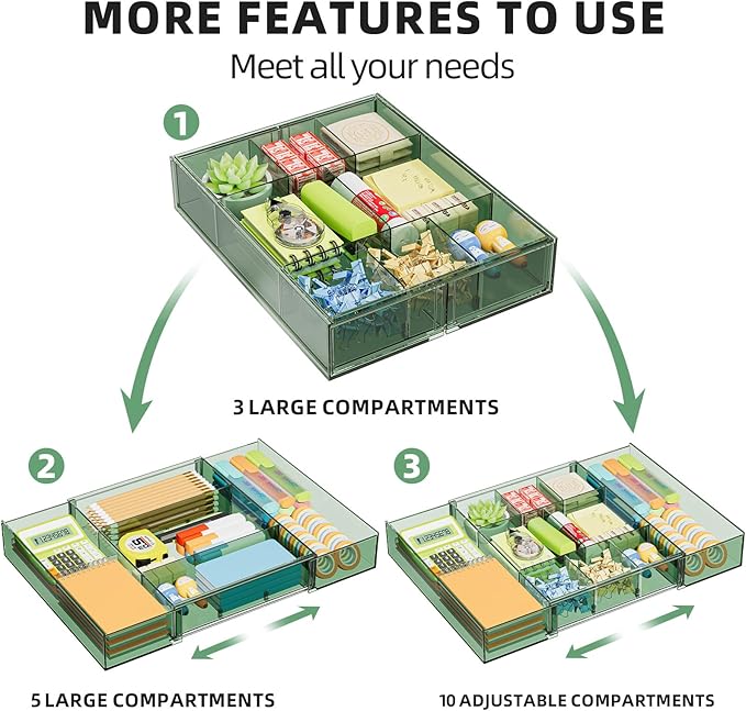 Marbrasse Expandable Desk Drawer Organizer, Clear Plastic Drawer Organizer Tray with 10 Adjustable Compartments, Desk Organizers and Accessories, 5 Drawer Dividers for Office Supplies(Clear Green) - Image 4