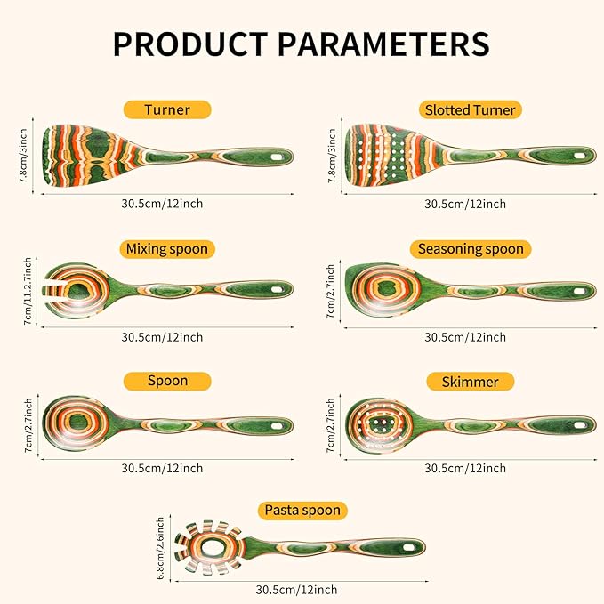 7Pcs Pakkawood Kitchen Utensils Set for Cooking, Wooden Spoons for Cooking, Safe Eco-Friendly, Non-Stick, Wooden Utensil for Cooking,Wooden Cookware Set, Housewarming Kitchen Gifts, Green