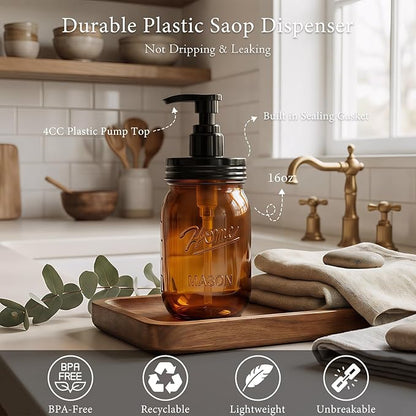 Amolliar Plastic Mason Jar Soap Dispenser with Pump Lid,16OZ Refillable Hand Soap Dispenser Set with Cute Lables - Farmhouse Decor for Kitchen Bathroom, Liquid Soap, Dish Soap, Lotion (2 Pack, Amber) - Image 2
