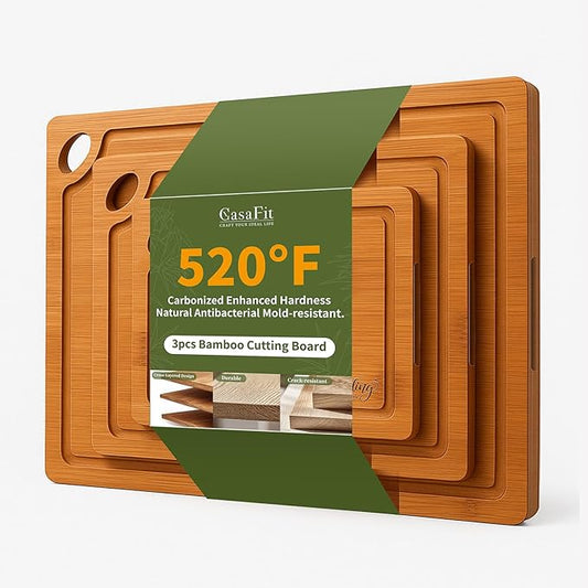 Bamboo Cutting Board 3-Piece Set with Juice Grooves – Non-Slip Wooden Chopping Boards for Kitchen & Housewarming Gfit, Multi-Size Serving Tray for Meat, Vegetables, Fruits by CasaFit