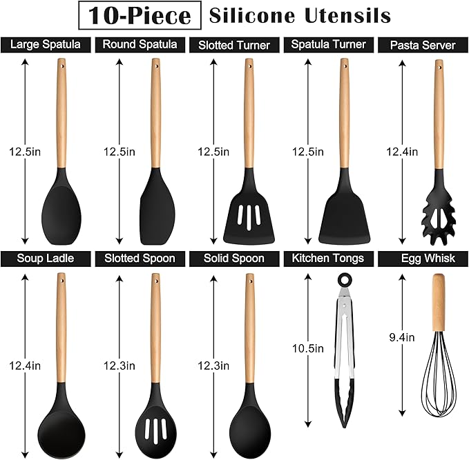 E-far Silicone Cooking Utensils Set, 10-Piece Black Kitchen Utensils Set with Wooden Handle for Nonstick Cookware, Heat Resistant Kitchen Nonstick Tools Spatula Whisk Tongs Ladle, Non-toxic & Healthy - Image 2