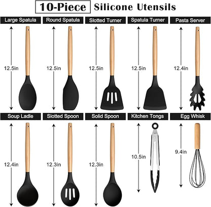 E-far Silicone Cooking Utensils Set, 10-Piece Black Kitchen Utensils Set with Wooden Handle for Nonstick Cookware, Heat Resistant Kitchen Nonstick Tools Spatula Whisk Tongs Ladle, Non-toxic & Healthy - Image 2