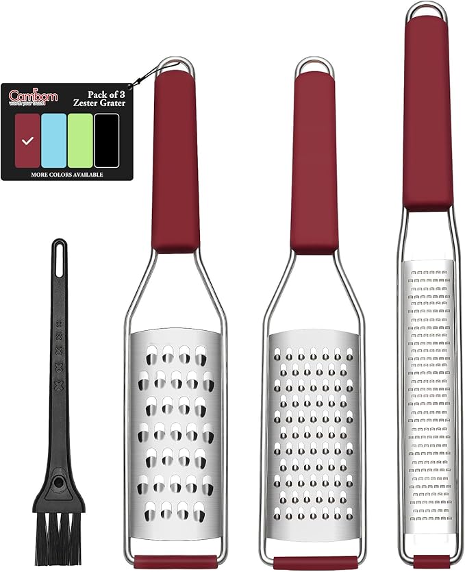 Cambom Cheese Grater Citrus Zester Lemon Zester Pack of 3-304 Stainless Steel - A Sharp Tool for Parmesan Cheese, Ginger, Garlic, Nutmeg, Chocolate, Vegetables，Fruits，Dishwasher Safe Red by Cambom