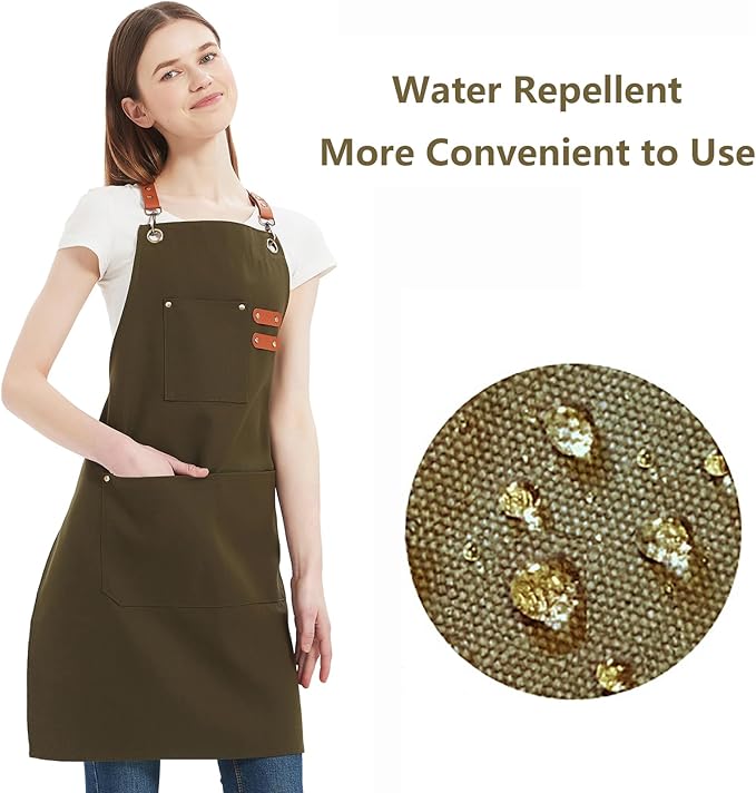 AFUN Chef Aprons for Women Men with Oversized Pockets, 12-Ounce Cotton Canvas Cross Back Water Repellent Apron (Grey Green) - Image 3