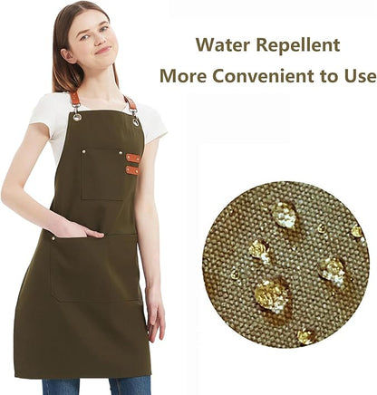 AFUN Chef Aprons for Women Men with Oversized Pockets, 12-Ounce Cotton Canvas Cross Back Water Repellent Apron (Grey Green) - Image 3