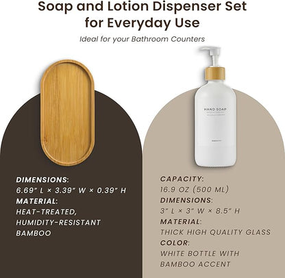 MaisoNovo Glass Soap Dispenser Bathroom Set of 2-16.9 oz Bathroom Soap Dispenser Set - White Glass Bottles x 2 with White Bamboo Pumps & Tray