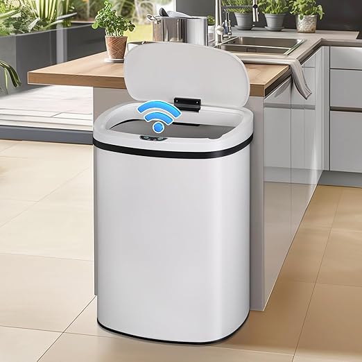 Dkeli Kitchen Trash Can for Bathroom Bedroom Home Office Automatic Touch Free High-Capacity Garbage Can with Lid Brushed Stainless Steel Waste Bin 13 Gallon / 50L - White