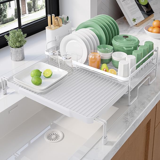 Kitsure Extendable Dish Drying Rack - Adjustable Length 12.8"–21.0", Auto-Draining Dish Rack for Kitchen Counter, Rust-Resistant Metal Frame Over-Sink Support for Plates, Bowls & Utensils, White by Kitsure