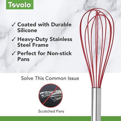 Tovolo Mini Whisk Stainless Steel 6 Inch Tiny Whipper Silicone Whisker for Cooking Blending Mixing Stirring Whisking Egg Beating, Easy Clean Dishwasher Safe Small Kitchen Mini Metal Whisk, Cayenne Red