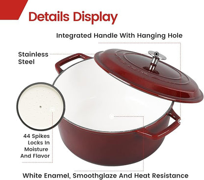 EDGING CASTING Enameled Cast Iron Dutch Oven Pot With Lid, Dutch Oven for Sourdough Bread Baking Round Pot Dule Handle, 6 Quart, Wine Red