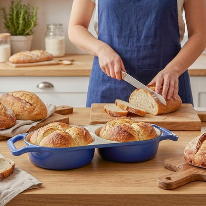 Double Dutch Oven Pot with Lid, Enameled Cast Iron Bread Loaf Pan, Dutch Oven For Sourdough Bread Baking, 500°F Oven Safe Non Stick Dual Round Bread Pan, 16.5cm Diameter Loaf Pans, Blue