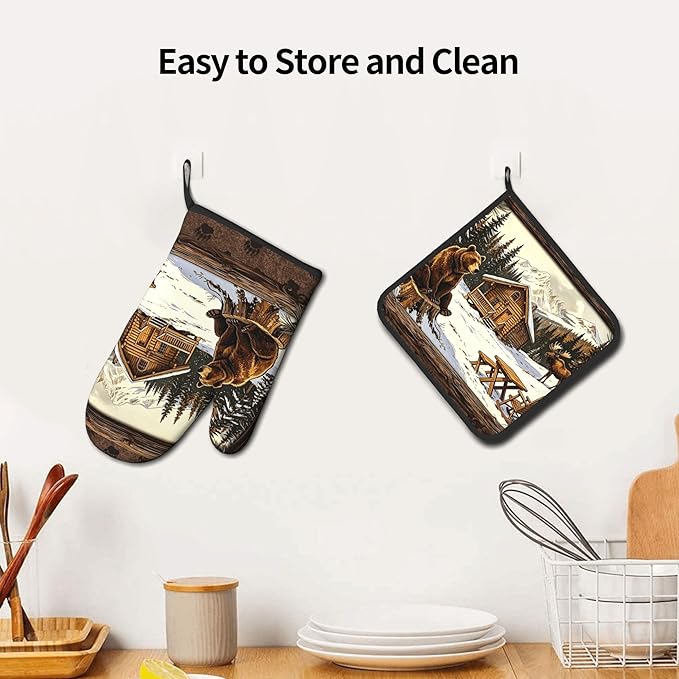 Vintage Oven Mitts and Pot Holders Sets Rustic Cabin Kitchen Gloves Bear Hot Pads Cute Baker Stuff Chef Cooking Baking Gifts for Women - Image 6
