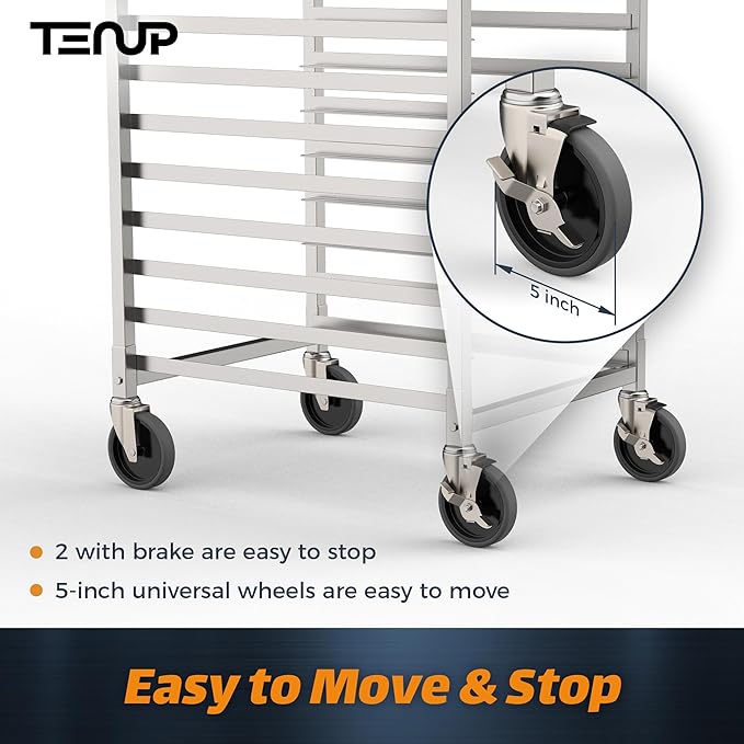 TenUp 10-Tier NSF Aluminum Sheet Pan Rack, Commercial Bakery Cooling & Storage Cart with Wheels, Heavy-Duty Bun Rack – 26" L x 20" W x 38" H - Image 6