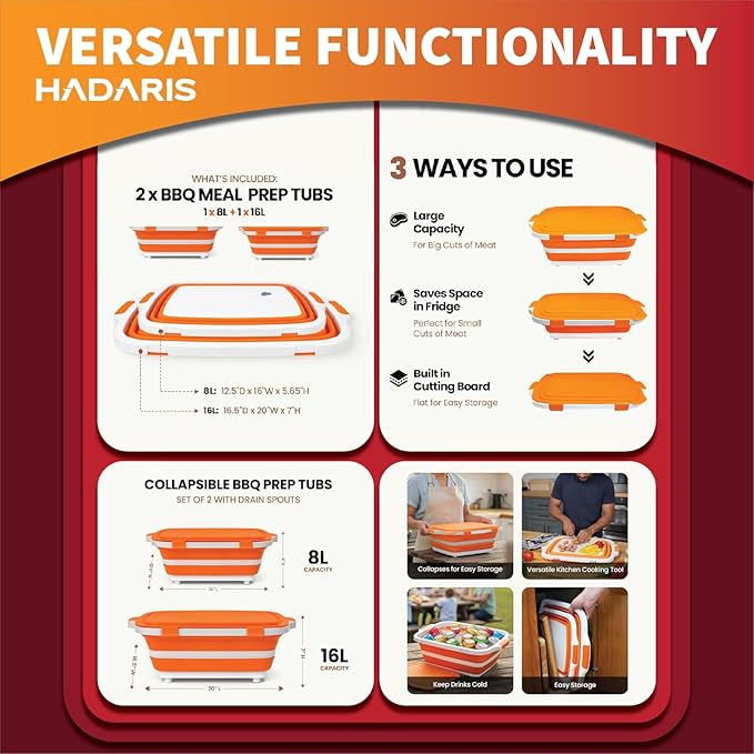 All-in-One Collapsible BBQ Prep Tub - Marinating Station & Food Storage with Built-in Cutting Board & Airtight Lid - Perfect for Grilling, Camping & Kitchen Organization (Orange)