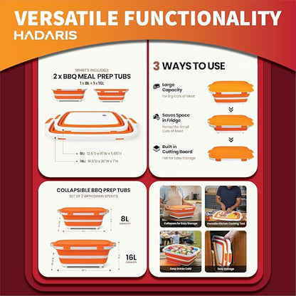 All-in-One Collapsible BBQ Prep Tub - Marinating Station & Food Storage with Built-in Cutting Board & Airtight Lid - Perfect for Grilling, Camping & Kitchen Organization (Orange)