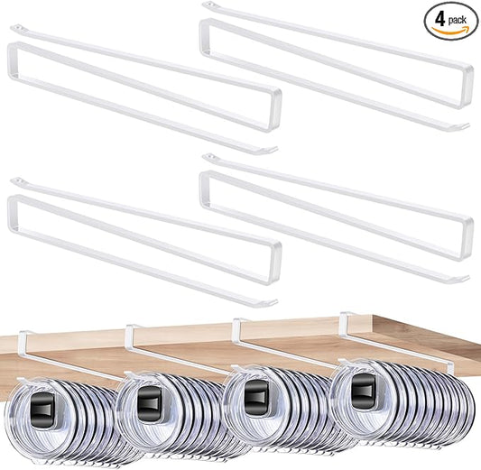 4 Pack Tumbler Lid Organizer, Cup Lid Holder Holds 12 Lids Each Under Cabinet, Space Saving Hook for Kitchen Storage and Coffee Cups, No Drilling, Carbon Steel, White