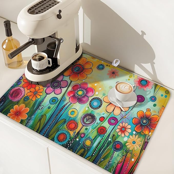 Abstract Colorful Floral Dish Drying Mat for Kitchen Counter Spring Summer Flower Microfiber Dish Drainer Mat Rustic Absorbent Washable Drying Pad Extra Large 18"x24"