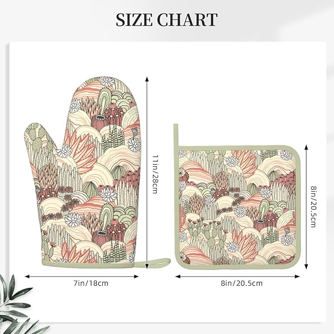 Cactus Succulent Silicone Oven Mitts Pan Mats Set of 2, Heat Resistant Gloves Potholder with Non-Slip Grips Hanging Loops Pot Holder, Spring Summer for Chef Cooking, Baking, Grilling, BBQ