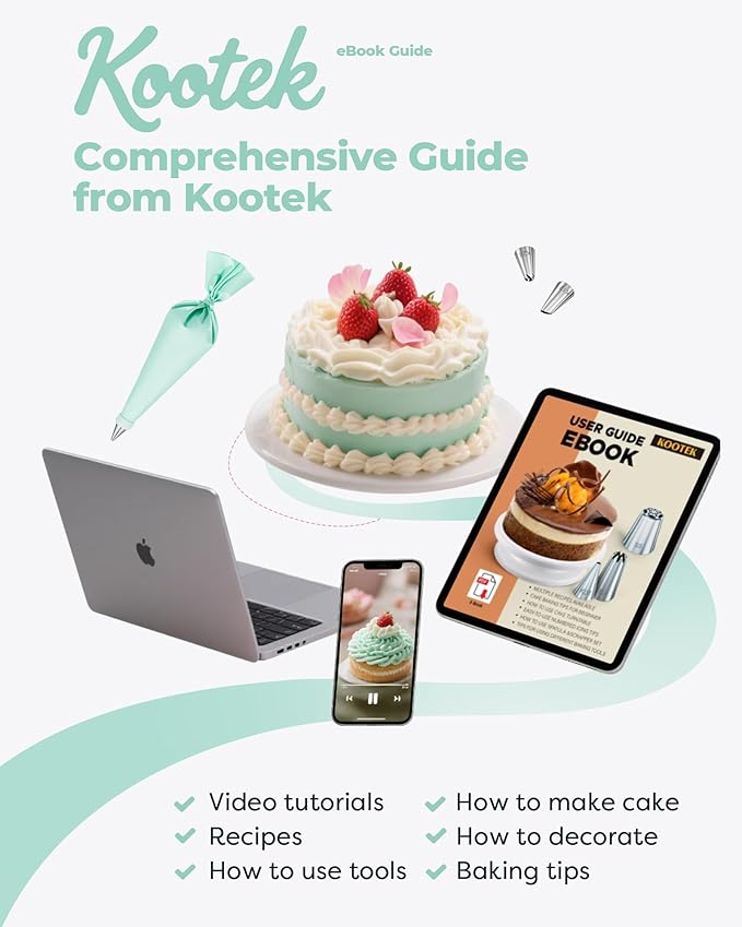 Kootek 158PCs Cake Decorating Kit, Baking Supplies Tools - Includes Cake Stand Turntable, 64 Icing Piping Tips Set, 2 Frosting Spatulas, 3 Scrapers, 50+2 Pastry Bags, Coupler, Video Tutorial, Booklet - Image 7