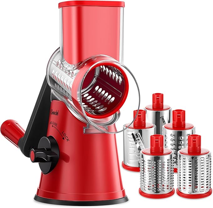 Geedel Rotary Cheese Grater Cheese Shredder with 5 Interchangeable Blades - Upgraded Rotary Grater Featuring Strong Suction Base for Cheese Shredding, Wavy Slicing, Nut Grinding, and Ice Shaving by Geedel