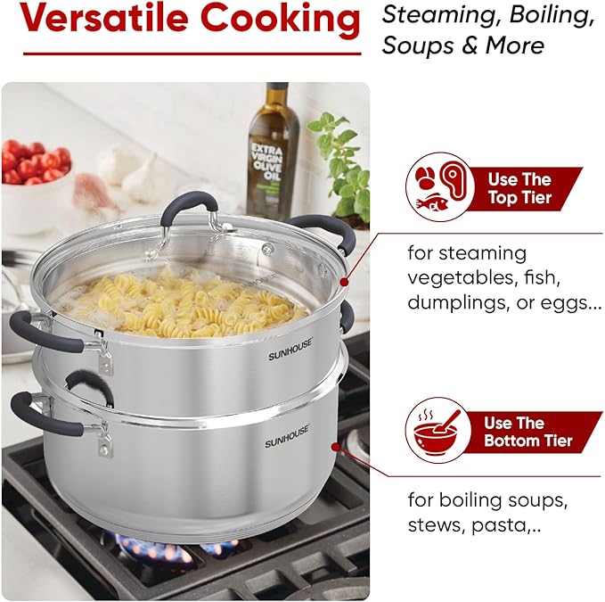 SUNHOUSE - 5.5 Quart Steamer Pots With Lid 2-Tier Multipurpose Stainless Steel Steaming Pot Cookware With Handle For Vegetable, Dumpling, Sauce, Food - Triple Bottom, Measurement Line - Image 6