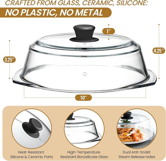 2 in 1, Tall Glass Microwave Splatter Cover for Food & Microwave Place Mat, Plate Splatter Guard Lid with Silicone Handle Knob, Cookware & Bakeware Serving Dish Cover, Food Grade, No Plastic, 10in - Image 2