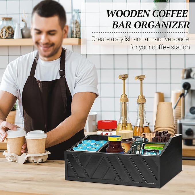 ugiftt Coffee Station Organizer for Counter, Wood Coffee Pods Holder Storage Basket, Tea Condiment Storage Organizer, Rustic Bar Decor for Accessories Organizer - Image 3