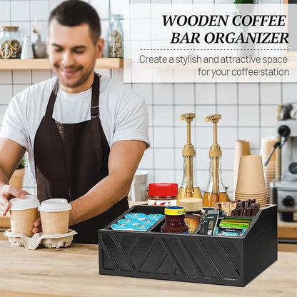ugiftt Coffee Station Organizer for Counter, Wood Coffee Pods Holder Storage Basket, Tea Condiment Storage Organizer, Rustic Bar Decor for Accessories Organizer - Image 3