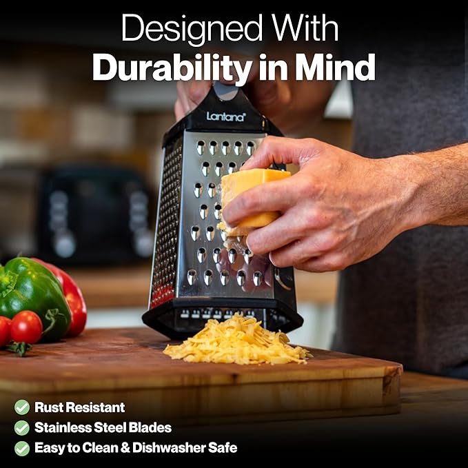 Lantana Cheese Grater for Kitchen with Container & Lid - Handheld Stainless Steel Box Food Shredder with Handle and 6 Essential Functions for Coarse, Medium, Fine, or Micro Grating/Shredding/Zesting - Image 5